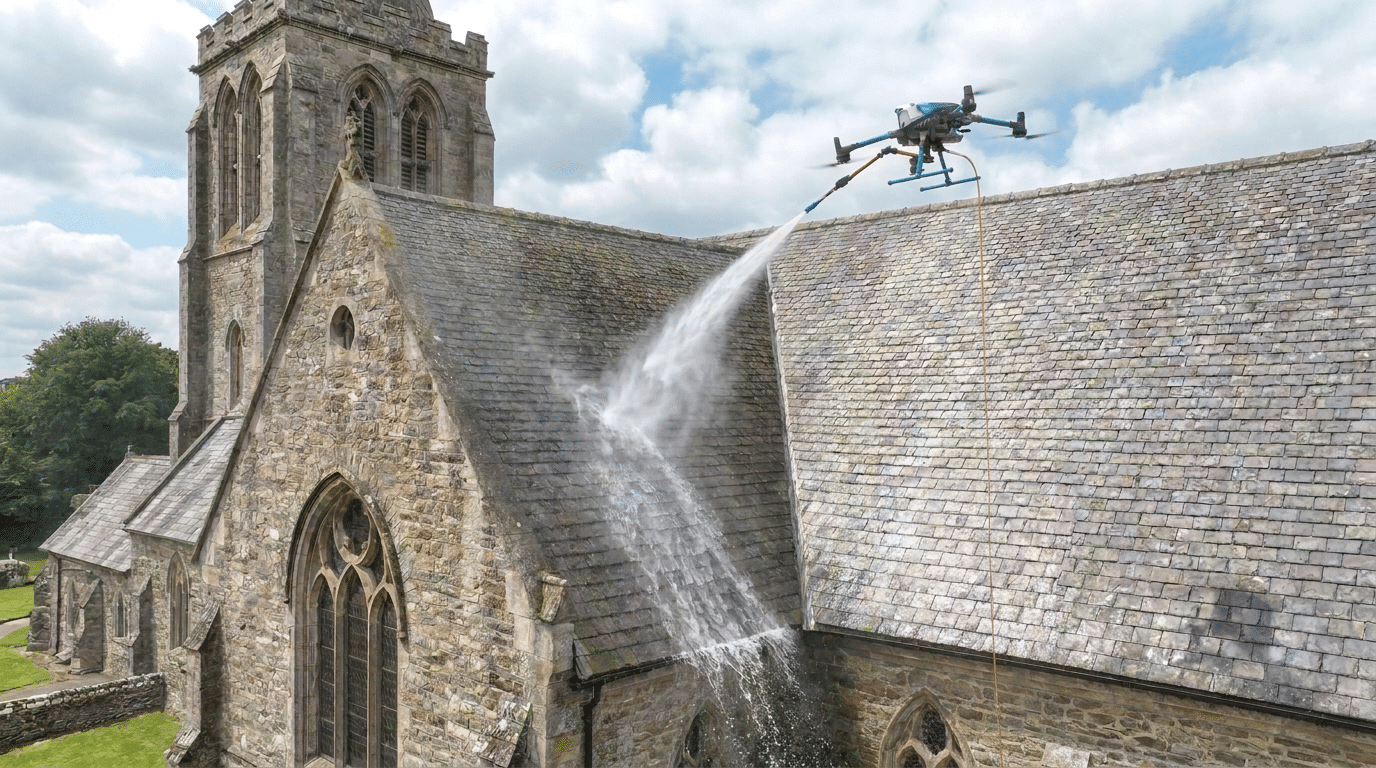 Nettoyage de toiture et démoussage par drone , toiture ardoise naturelle