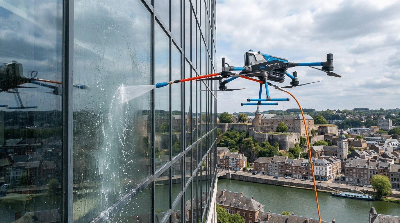 Nettoyage facade par drone à Namur par skycleaners