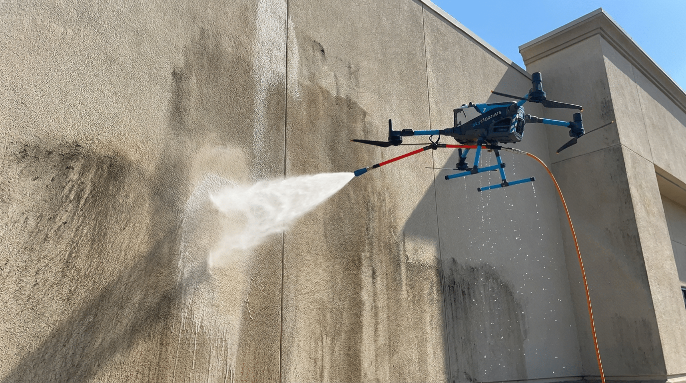 Nettoyage par drone d'une façade en crépi à l'eau pure